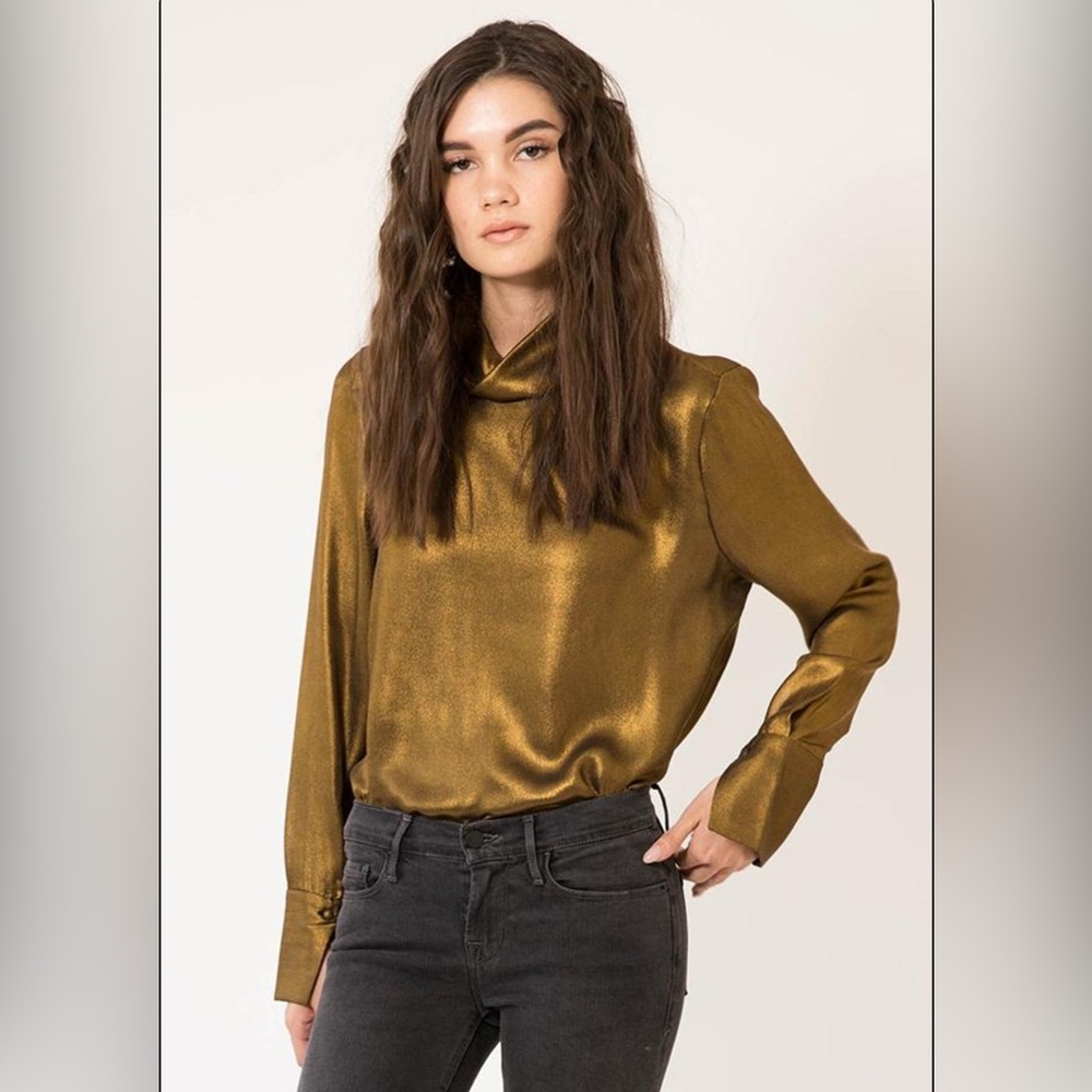 Frame Long Sleeve Gold Mock Neck Lightweight Semi-Sheer Keyhole Blouse EUC Sz XS